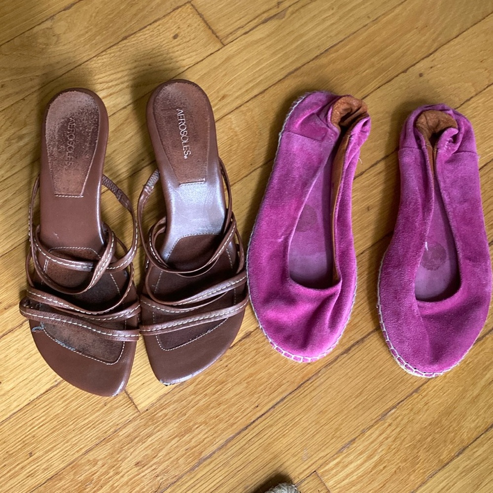 Pink suede flats and brown kitten heel sandals
